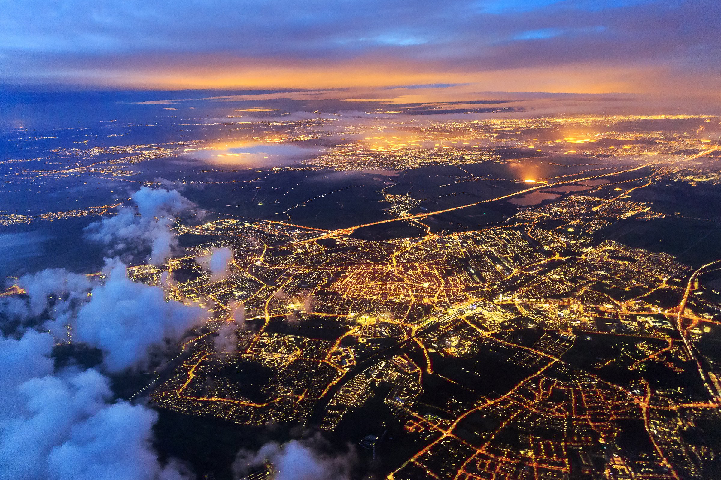 Aerial view of large city at night